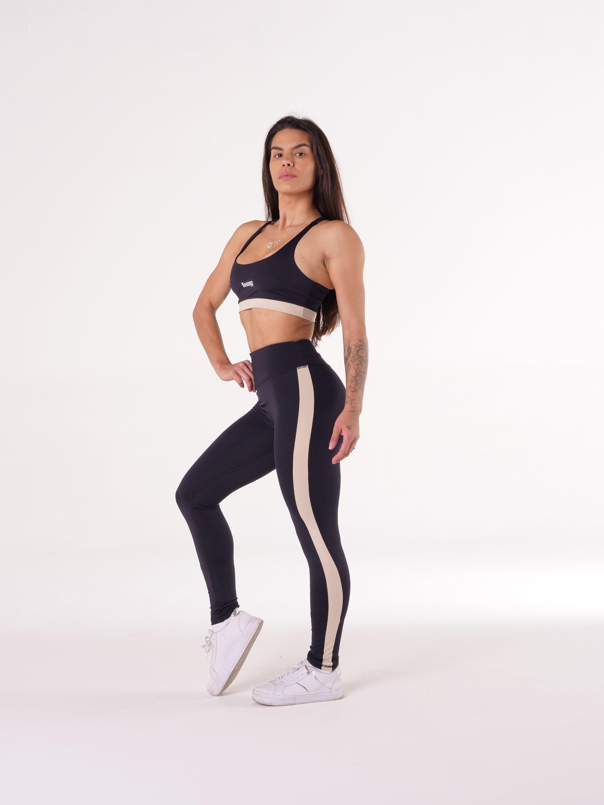 Legging Heavyy Preta com faixa Bege - Heavyy Sports